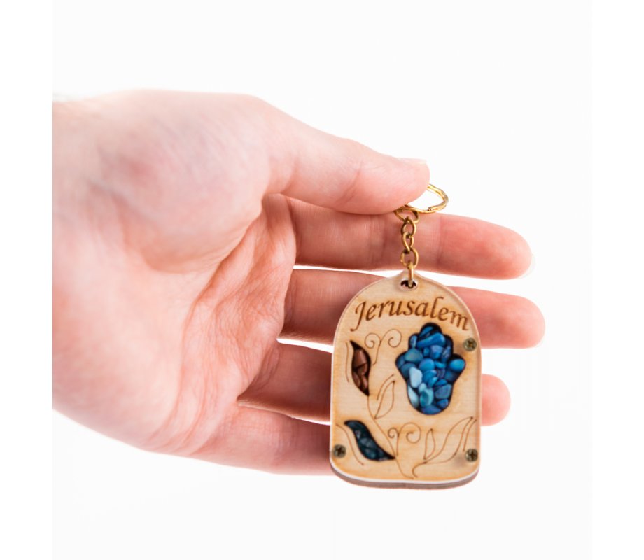 Wood Jerusalem Key Chain with Semi-Precious Stones - Leaf and Hamsa Design