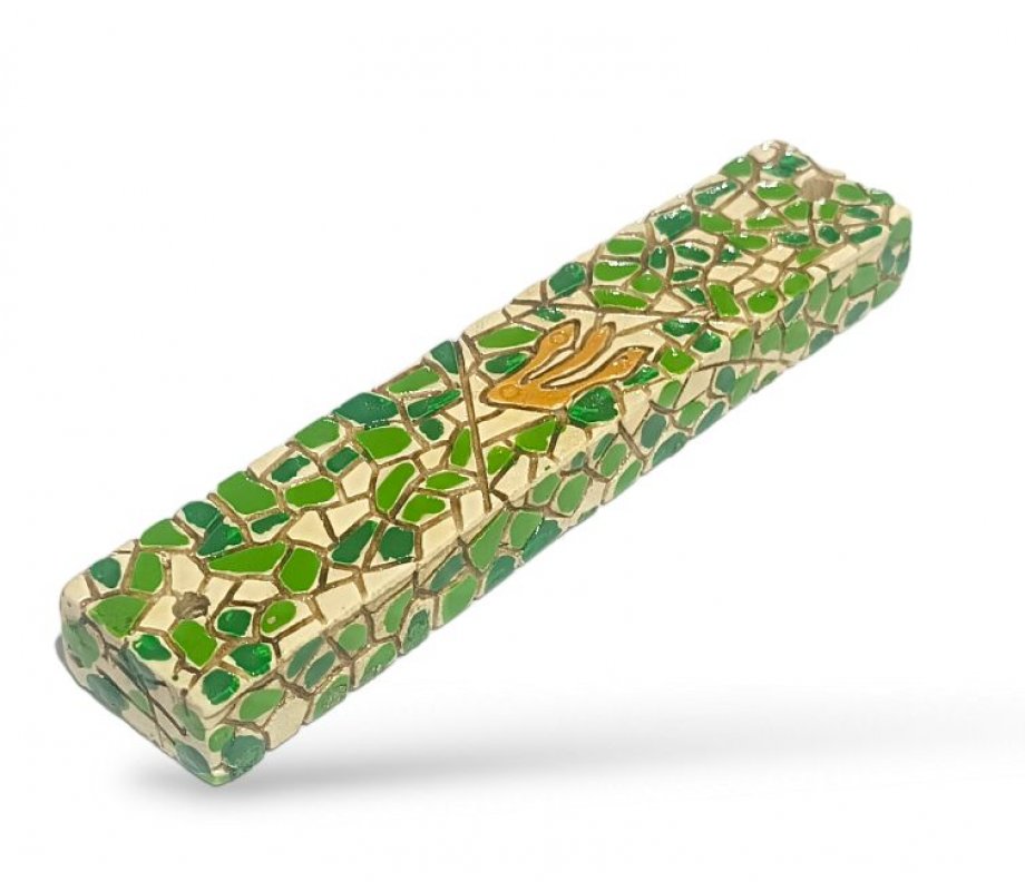 Wood Mezuzah Case with Mosaic Design - Green and Yellow with Gold Shin