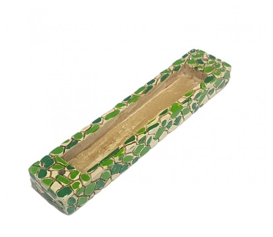 Wood Mezuzah Case with Mosaic Design - Green and Yellow with Gold Shin