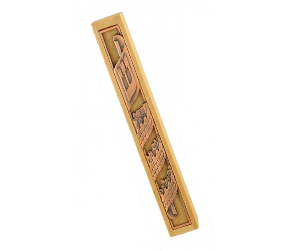Wood Mezuzah with pink Jerusalem design