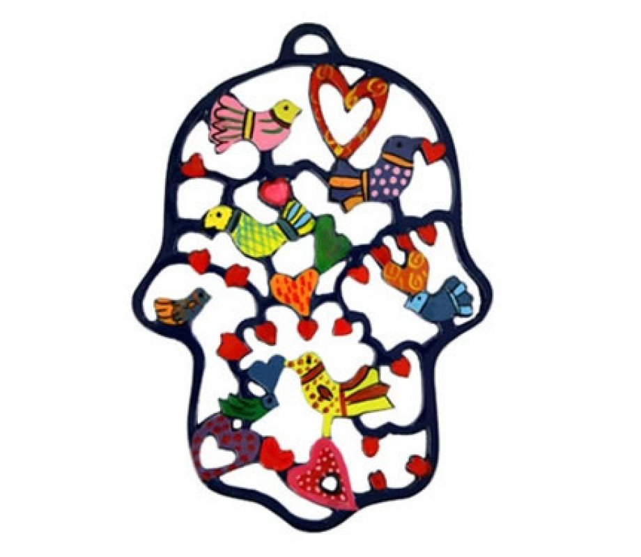 Yair Emanuel Hand-painted Colorful Laser Cut Wall Hamsa - Birds & Hearts