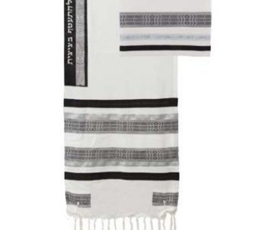 Yair Emanuel 3-Piece Cotton Tallit Set with Appliques - Black and White Stripes