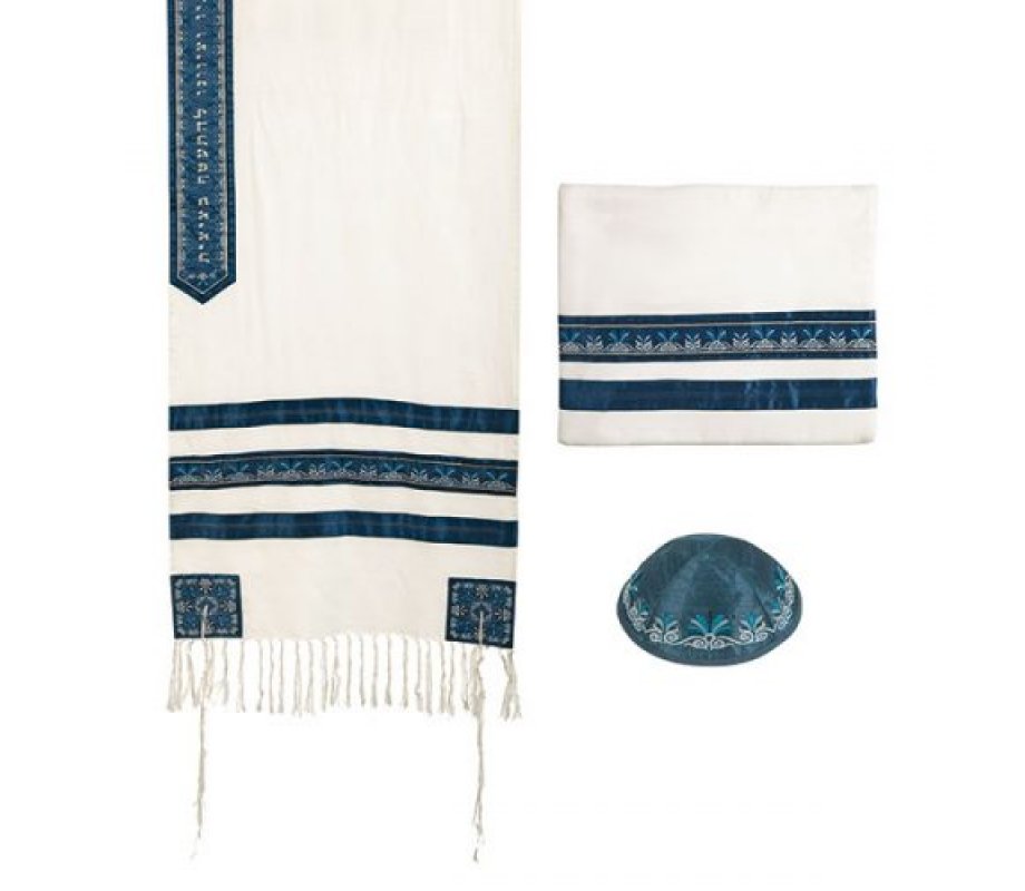 Yair Emanuel 3-Piece Tallit Set with Embroidered Decorative Stripes - Blue