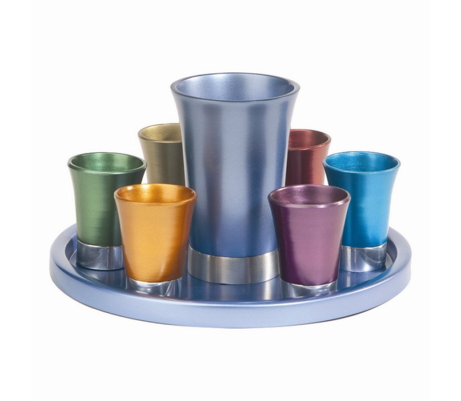 Yair Emanuel Aluminum Kiddush Goblet and Six Cups with Tray - Metallic Colors
