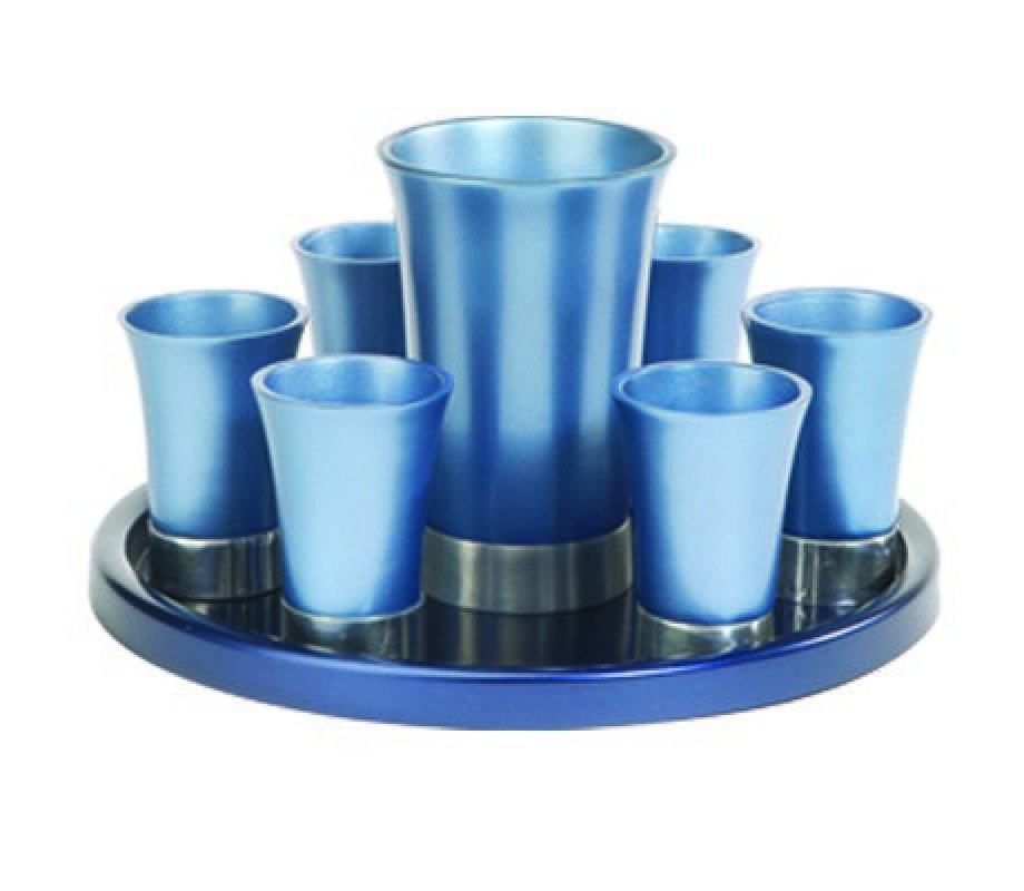 Yair Emanuel Aluminum Kiddush Goblet and Six Cups with Tray - Metallic Colors