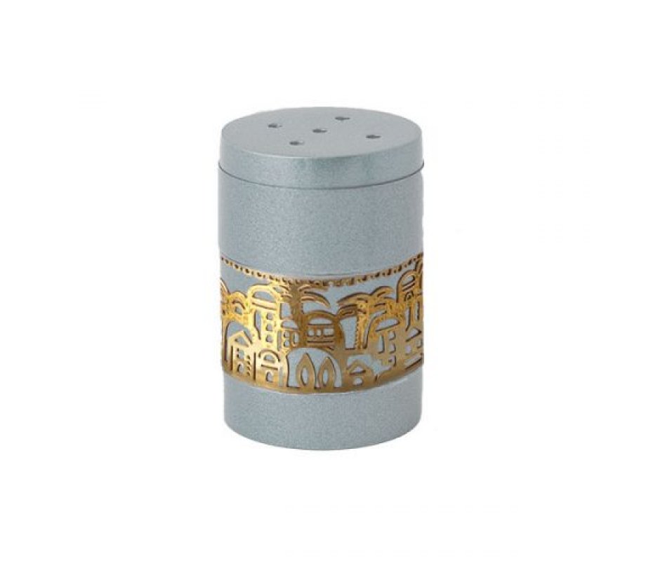 Yair Emanuel Aluminum Salt Shaker, Decorative Gold Jerusalem Band - Silver