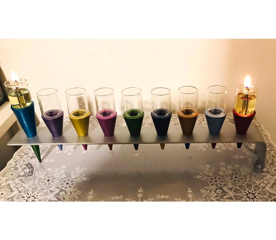 Yair Emanuel Anodized Aluminum Cones Hanukkah Menorah - Multicolored