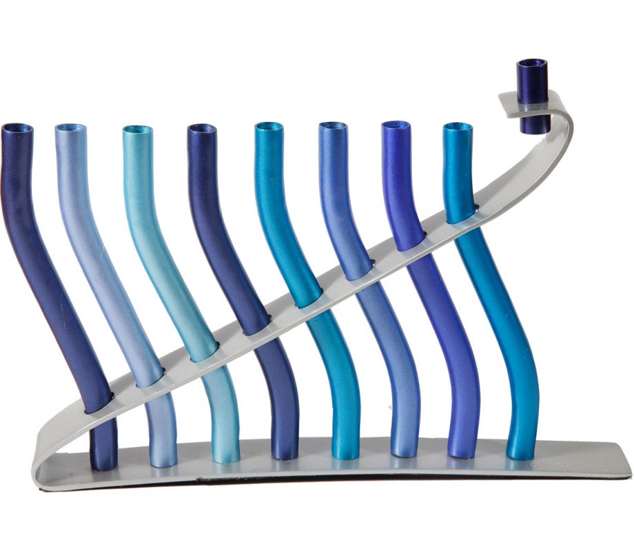 Yair Emanuel Anodized Aluminum Hanukkah Menorah, Lyre Image - Shades of Blue
