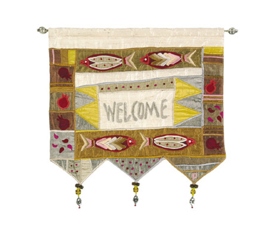 Yair Emanuel Appliqued Silk Banner Wall Hanging with Fish, Gold – Welcome