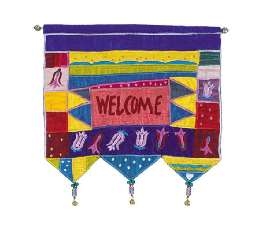 Yair Emanuel Appliqued Silk Banner Wall Hanging with Flowers, Colorful Welcome