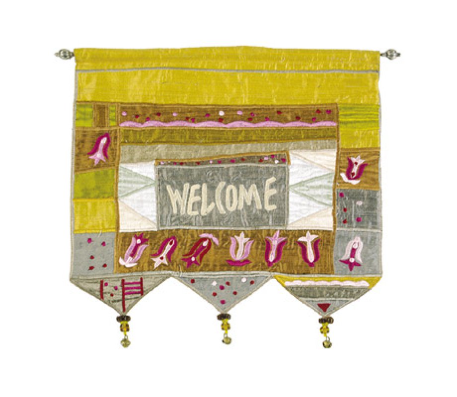Yair Emanuel Appliqued Silk Banner Wall Hanging with Flowers, Gold – Welcome