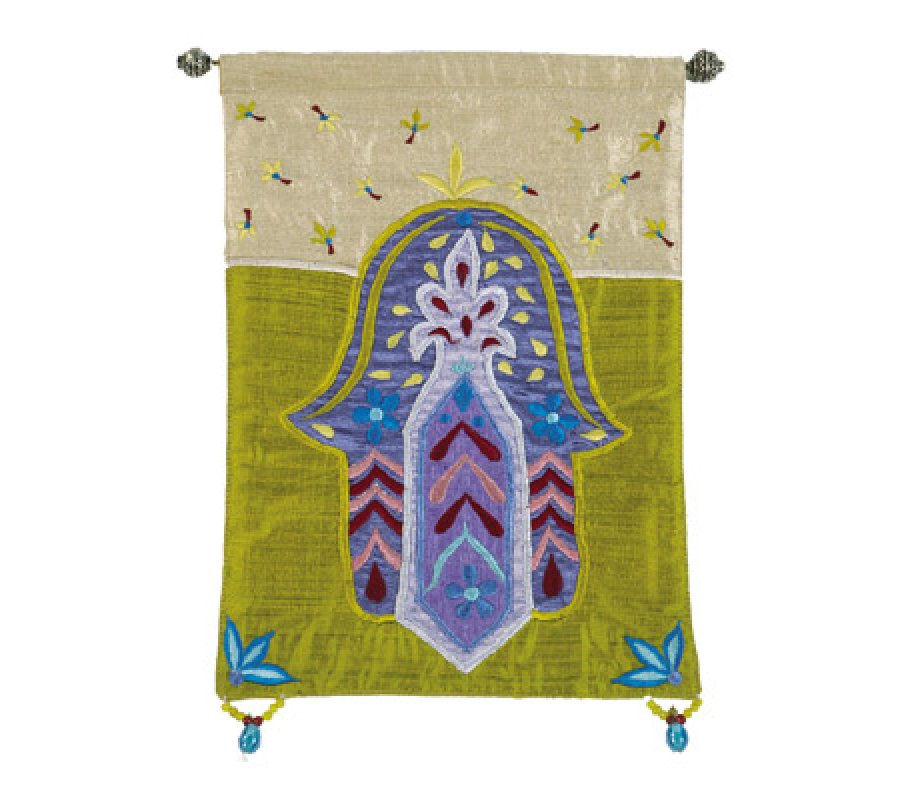 Yair Emanuel Appliqued Silk Wall Banner, Green Gold - Hamsa Flowers and Leaves