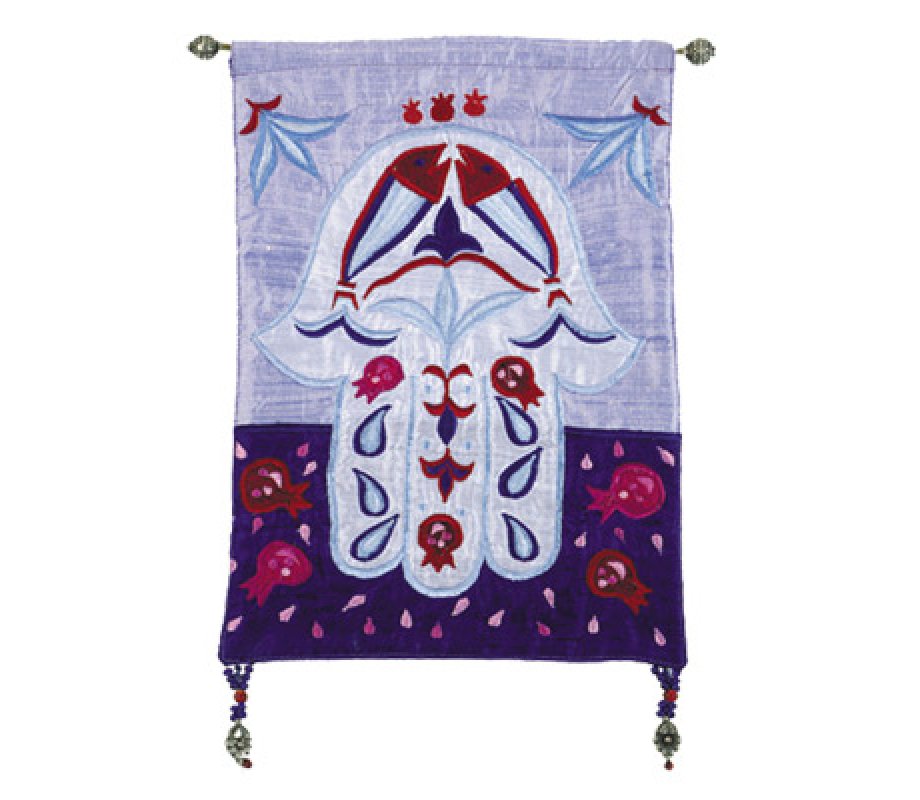 Yair Emanuel Appliqued Silk Wall Hamsa, Blessing Symbols – Blues and Reds