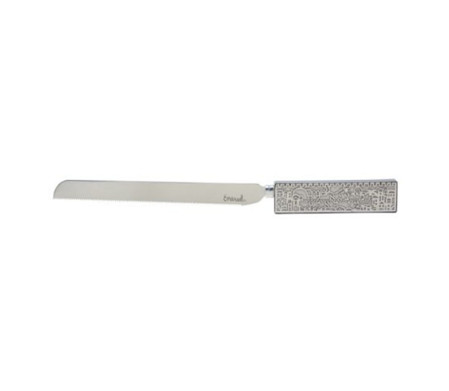 Yair Emanuel Challah Knife, Jerusalem Cutout Design - White