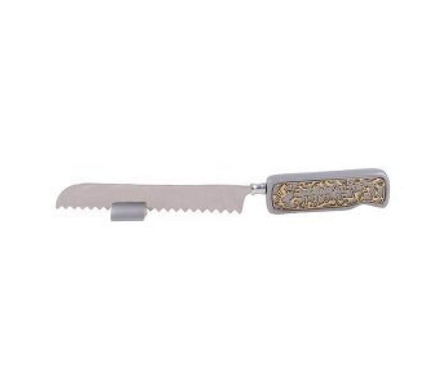 Yair Emanuel Challah Knife and Stand with Decorative Handle - Cutout in Gold