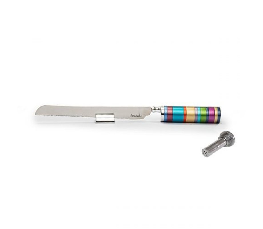 Yair Emanuel Challah Knife with Mini Salt Shaker and Stand - Colorful Bands