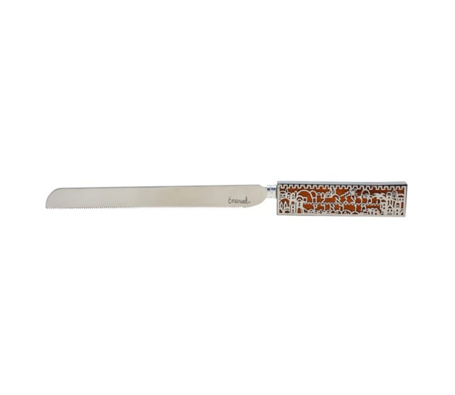 Yair Emanuel Challah Knife with Wood Handle - Jerusalem Images & Blessing Words