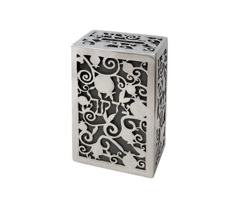 Yair Emanuel Charity Box, Cutout Pomegranates and Word Tzedakah – Silver and Gray