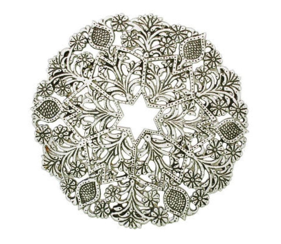 Yair Emanuel Circular Trivet with Floral and Star of David Design - Silver