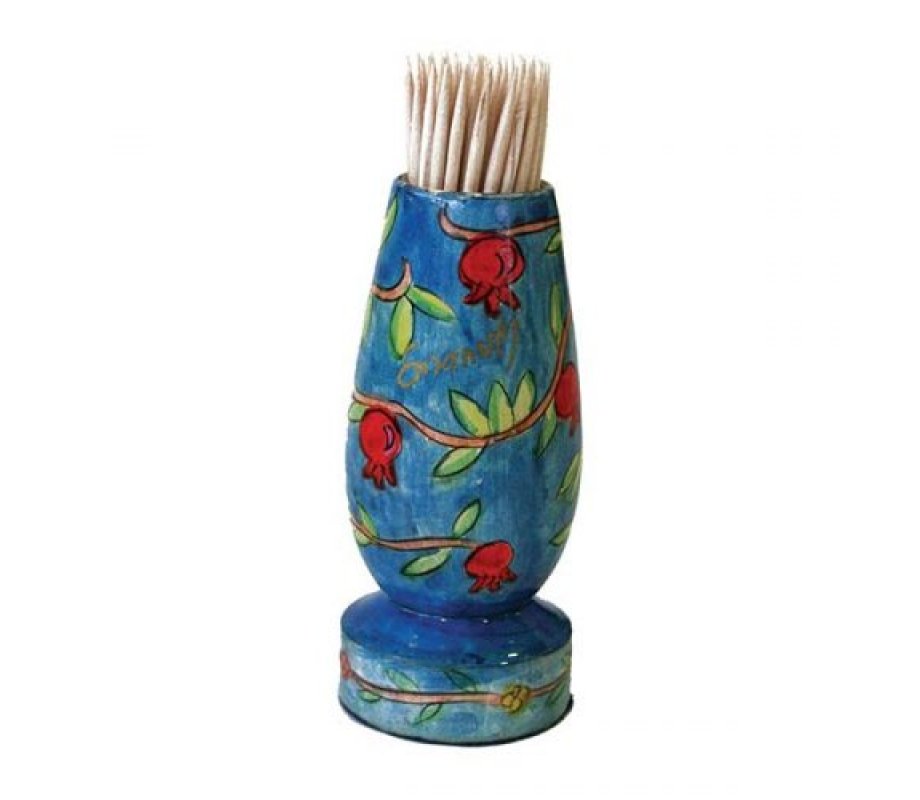 Yair Emanuel Colorful Wood Toothpick Stand with Hand Painted Leafy Pomegranates