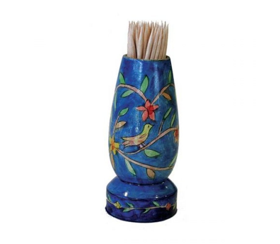 Yair Emanuel Colorful Wood Toothpick Stand with Hand-Painted Forest Scene