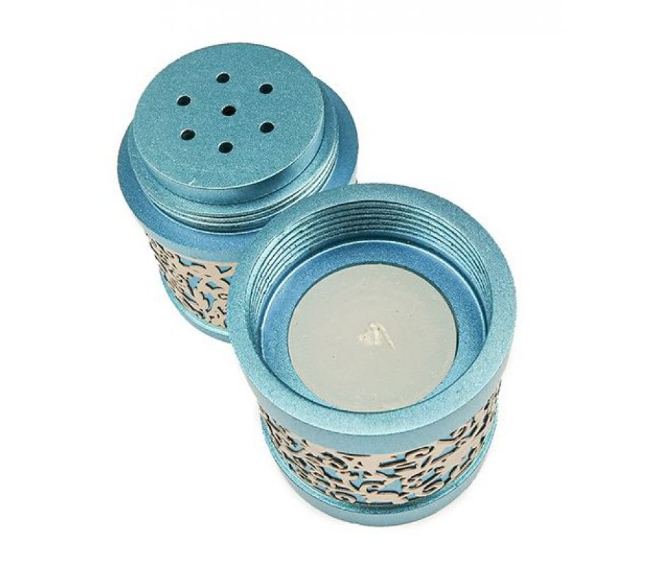 Yair Emanuel Compact Havdalah Spice Box and Candle Holder, Cutouts - Turquoise