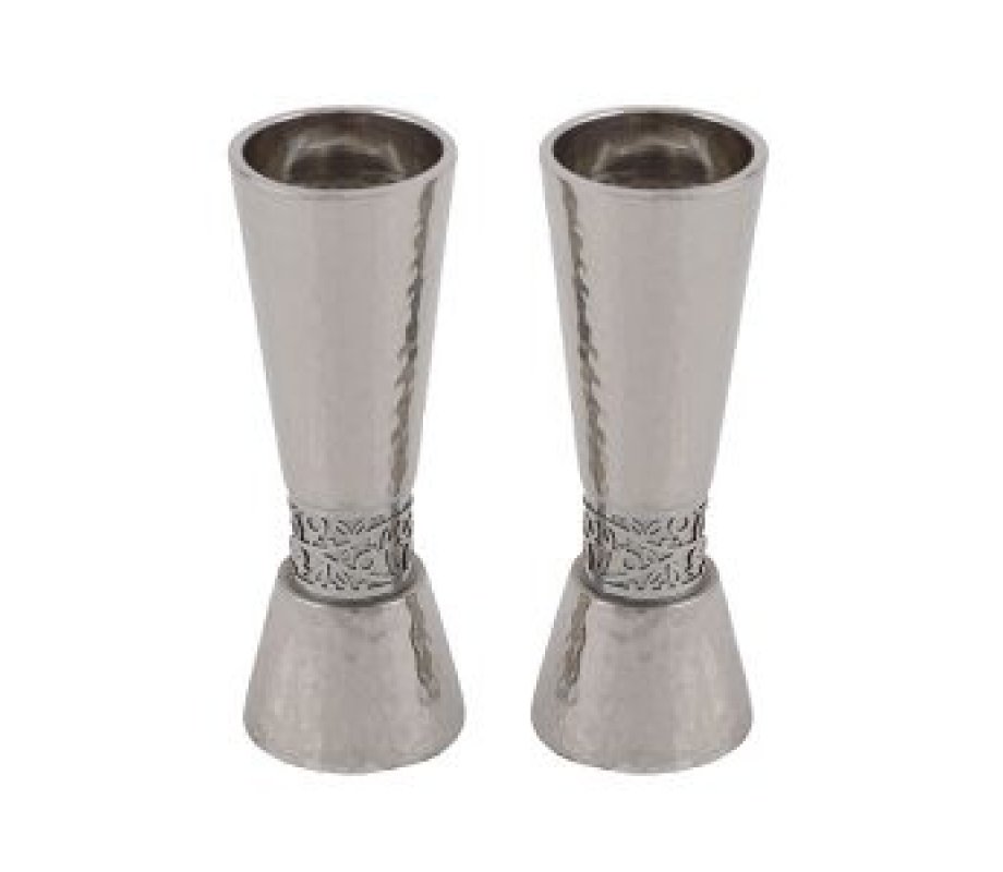 Yair Emanuel Cone Candlesticks with Silver Pomegranate Band - Hammered Silver