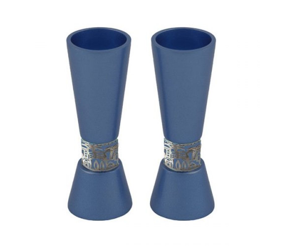 Yair Emanuel Cone Shaped Candlesticks with Silver Jerusalem Band - Blue