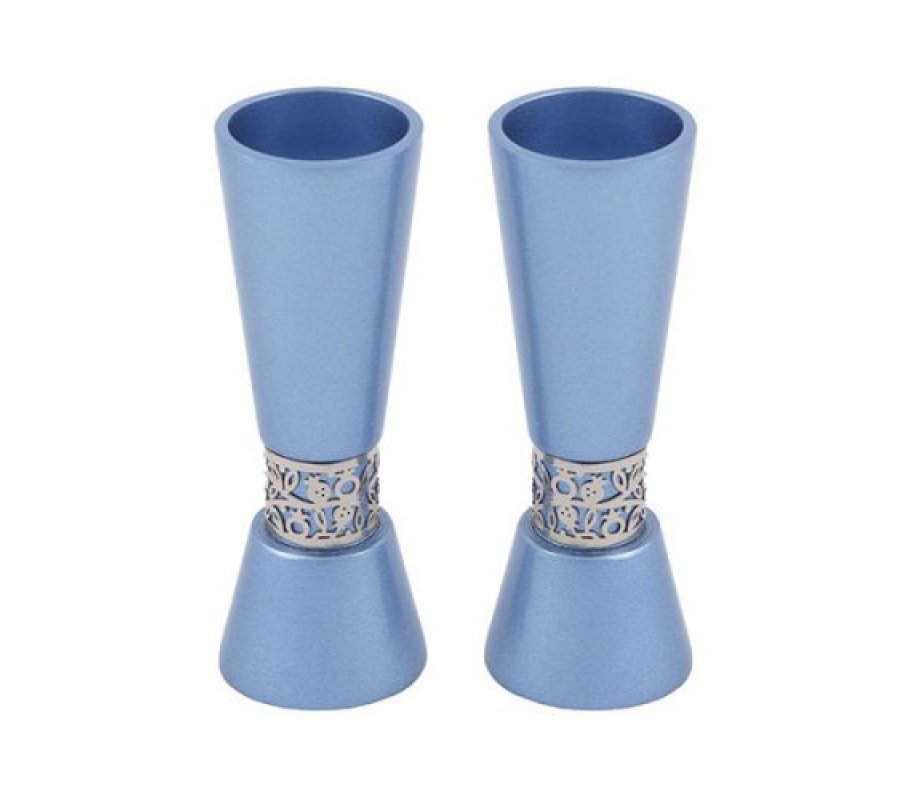 Yair Emanuel Cone Shaped Candlesticks with Silver Pomegranate Band - Blue