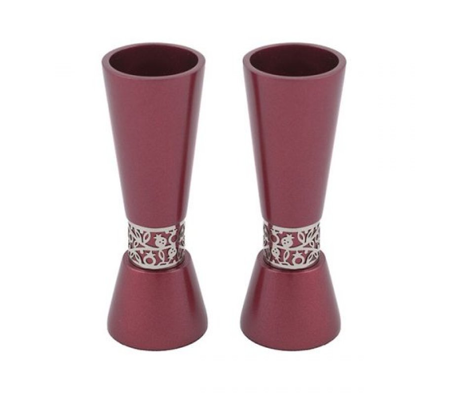 Yair Emanuel Cone Shaped Candlesticks with Silver Pomegranate Band - Maroon