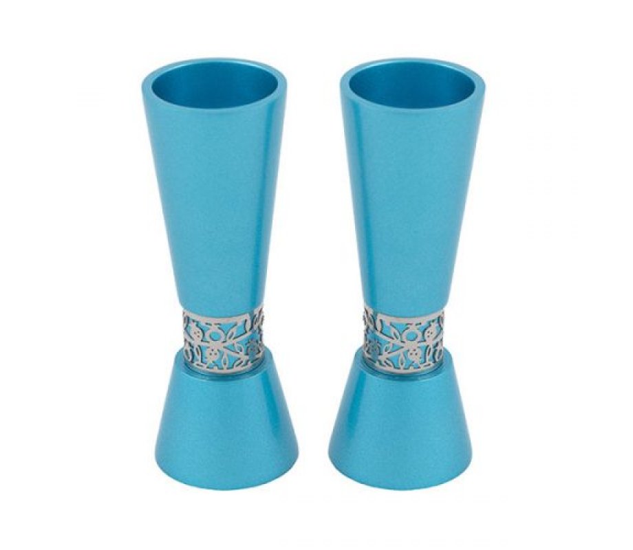 Yair Emanuel Cone Shaped Candlesticks with Silver Pomegranate Band - Teal