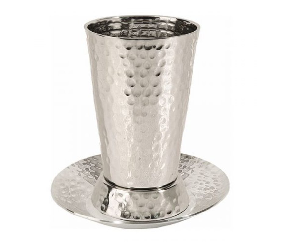 Yair Emanuel Cone Shaped Nickel Kiddush Cup with Matching Saucer – Hammer Work