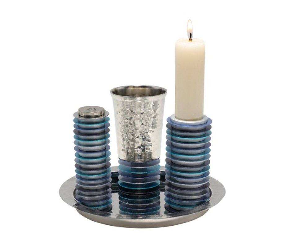 Yair Emanuel Contemporary 4-Piece Havdalah Set, Stacked Discs - Blue
