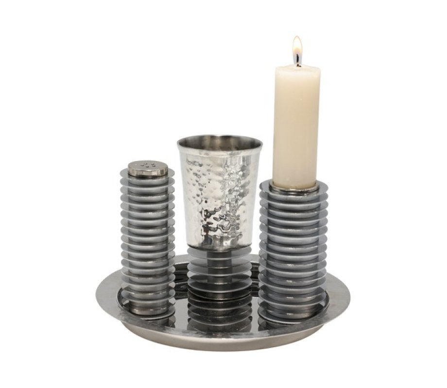 Yair Emanuel Contemporary 4-Piece Havdalah Set, Stacked Discs - Gray