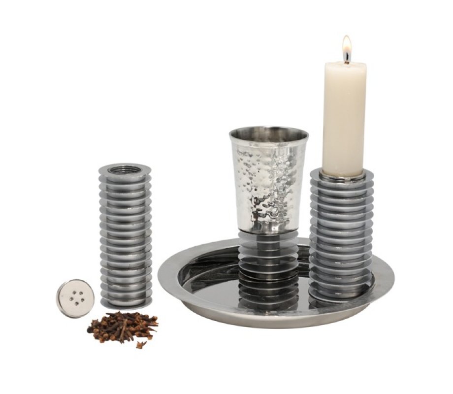 Yair Emanuel Contemporary 4-Piece Havdalah Set, Stacked Discs - Gray