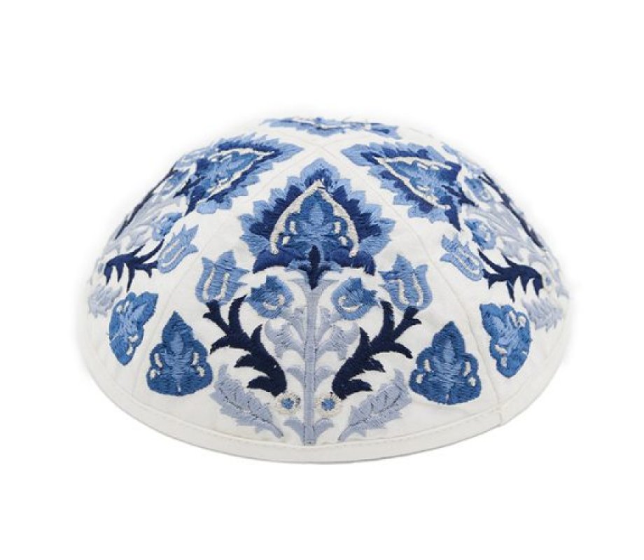 Yair Emanuel Cotton Poly Kippah with Embroidered Oriental Nature Design – Blue