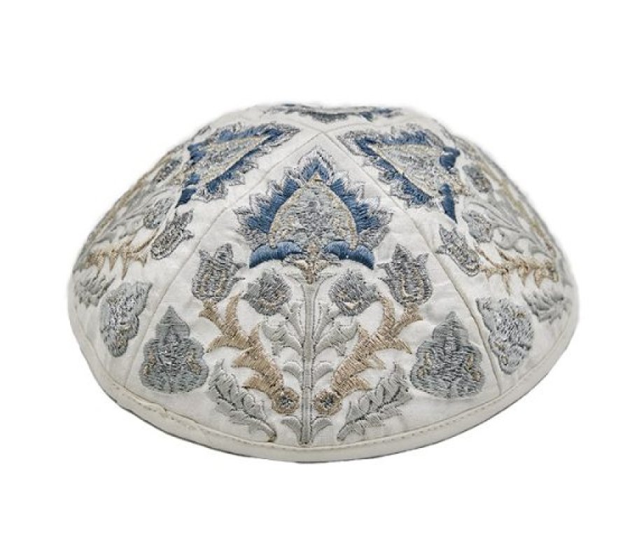 Yair Emanuel Cotton Poly Kippah with Embroidered Oriental Nature Motif – Silver