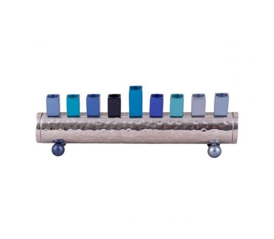 Yair Emanuel Cylinder Chanukah Menorah, Hammered Aluminum - Blue