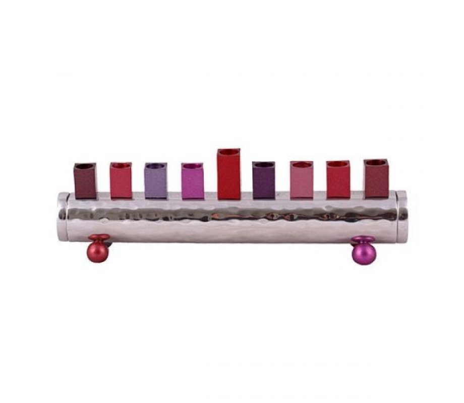 Yair Emanuel Cylinder Chanukah Menorah, Hammered Aluminum - Red and Pink