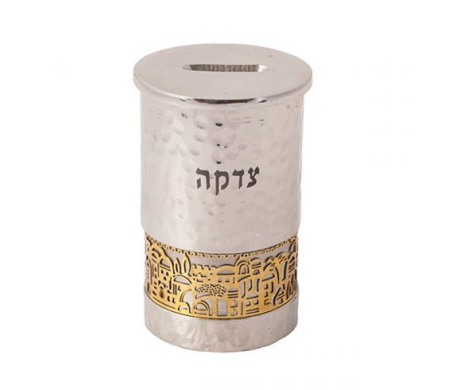 Yair Emanuel Cylinder Charity Box, Cutout Gold Jerusalem Images - Hammered Silver