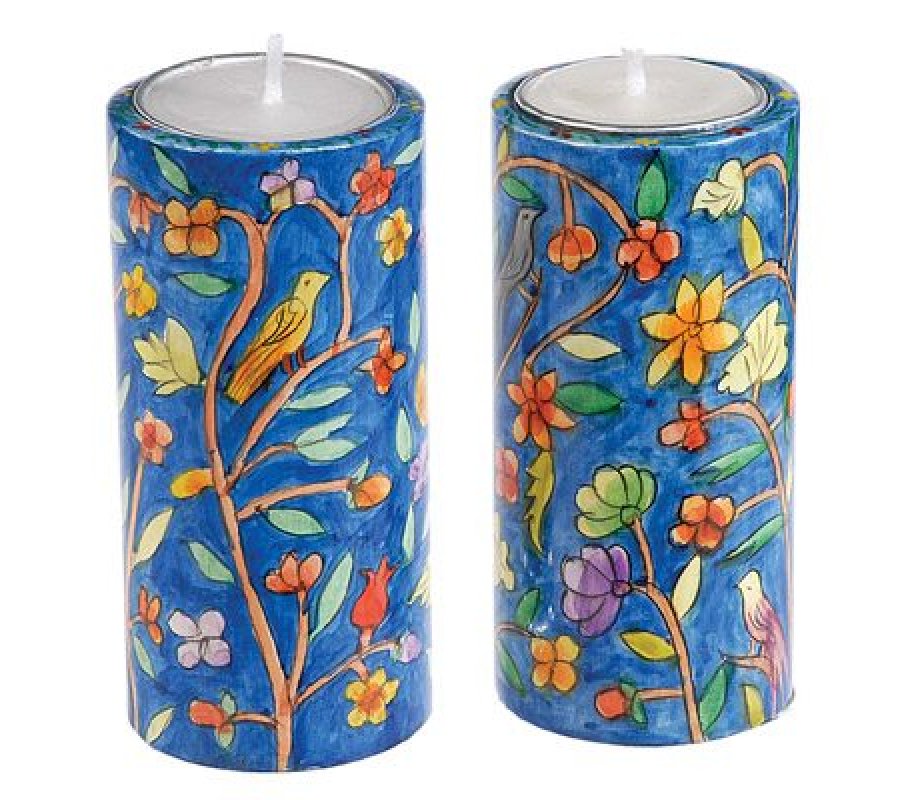 Yair Emanuel Cylinder Hand Painted Wood Shabbat Candlesticks - Oriental