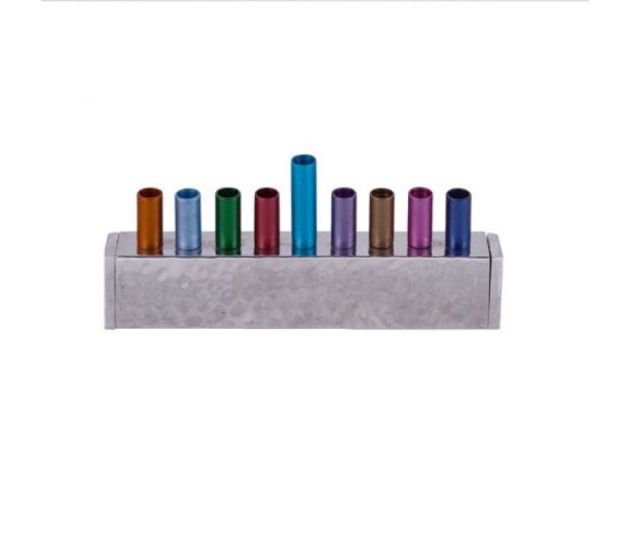 Yair Emanuel Cylindrical Candle Holders on Chanukah Menorah, Hammered - Colorful