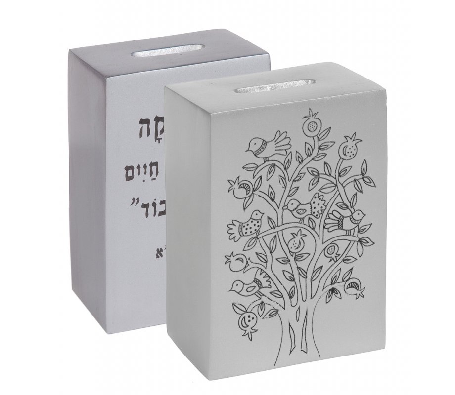 Yair Emanuel Decorative Charity Tzedakah Box with Biblical Verse - Silver