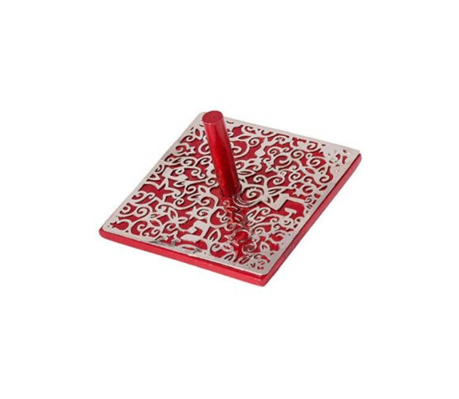 Yair Emanuel Dreidel, Silver Floral and Pomegranate Cutout Design - Red