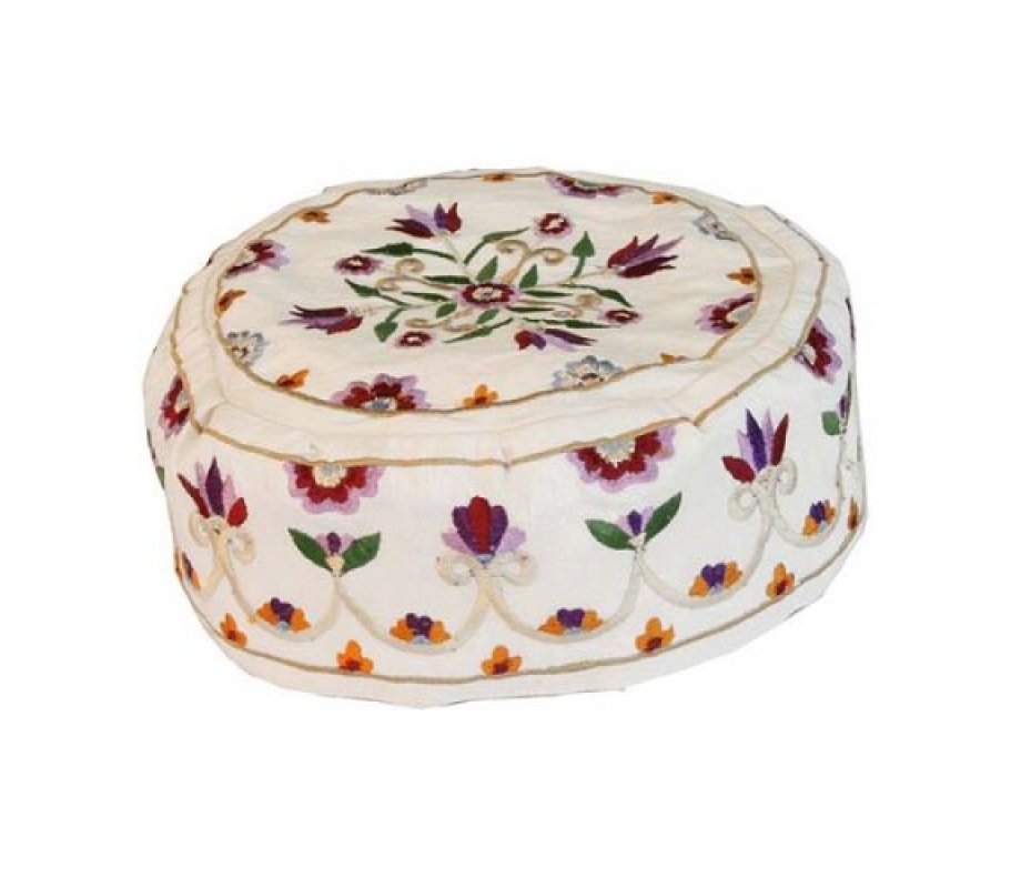 Yair Emanuel Embroidered Bucharian Hat-Kippah - Flowers on Off-White Fabric