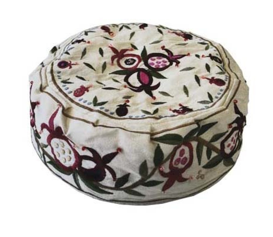 Yair Emanuel Embroidered Bucharian Hat-Kippah - Pomegranates on Off-white