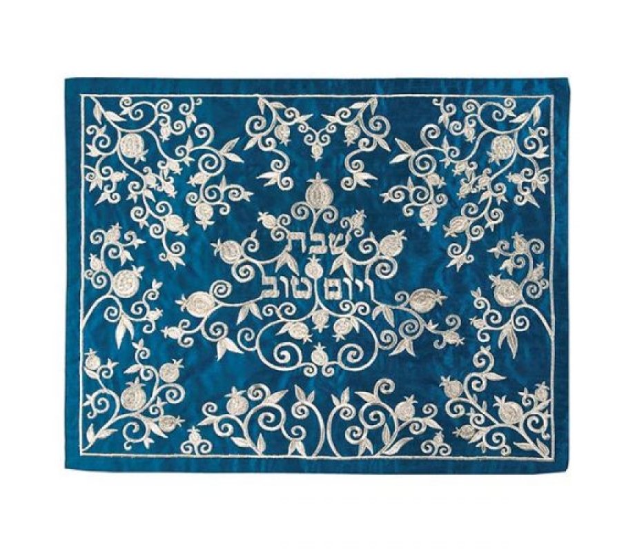 Yair Emanuel Embroidered Challah Cover - Silver Pomegranates on Blue