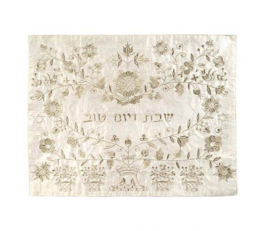 Yair Emanuel Embroidered Challah Cover, Flowers - Silver