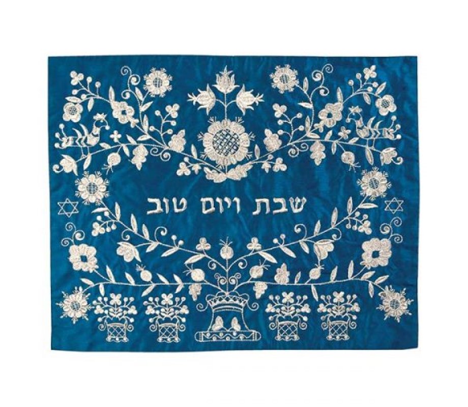 Yair Emanuel Embroidered Challah Cover, Flowers - Silver on Blue