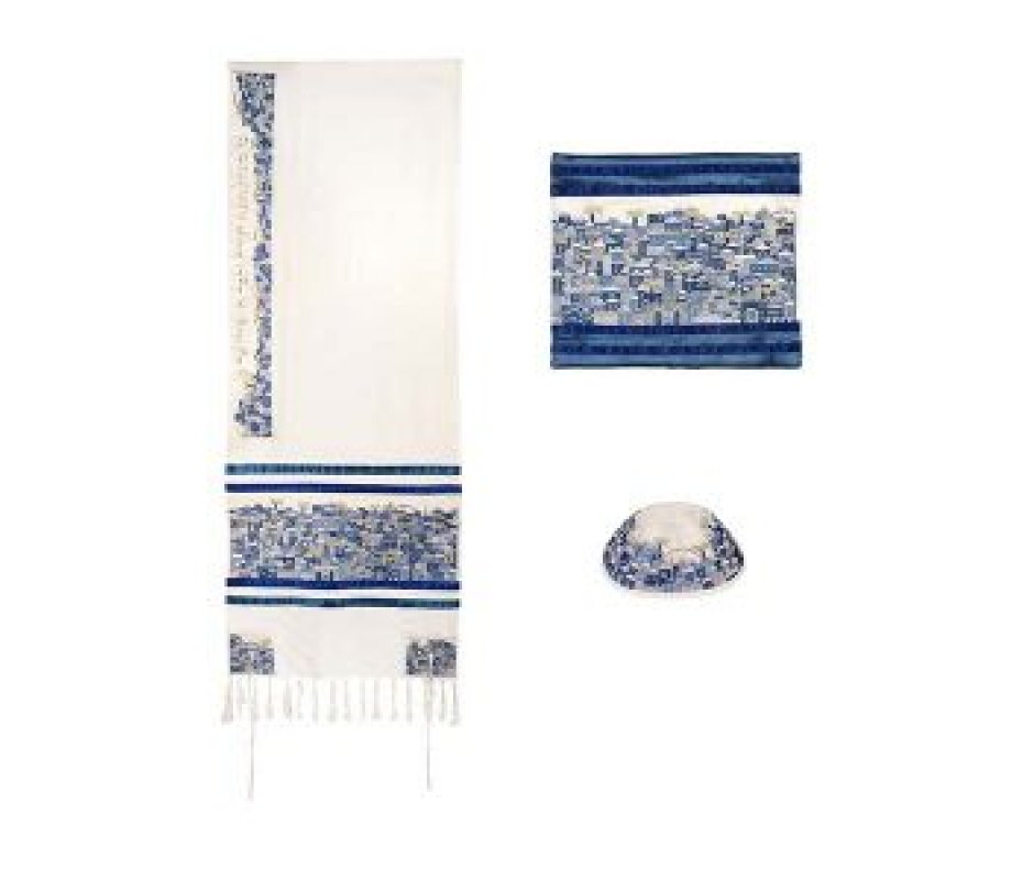 Yair Emanuel Embroidered Cotton Tallit Set - Jerusalem in Blue
